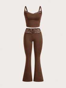 Muchica Set de 2 piezas para mujer compuesto por top de tirantes de encaje bicolor y pantalones acampanados - Marrón - Ver 1