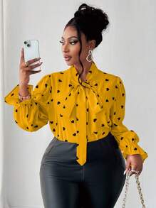 Maweii Plus Size Yellow Heart Print Tie Neck Blouse With Ruffled Long Sleeves Fall Cloth For Women - Yellow - View 2