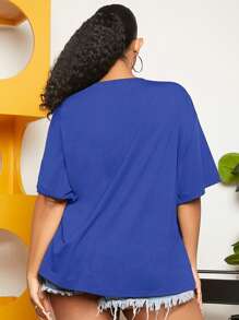 SHEIN CURVE+ Plus Size Round Neck Short Sleeve Printed Simple T-Shirt, Casual Everyday Wear