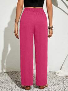 SHEIN VCAY Plus Size Women Plain Pocketed Pleated Wide Leg Casual Pants