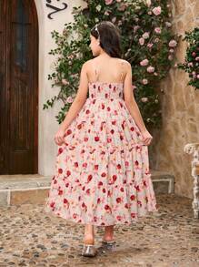 SHEIN Girls Floral Print Elegant Sleeveless Dress, Family Matching Outfits (2 Pieces Sold Separately)