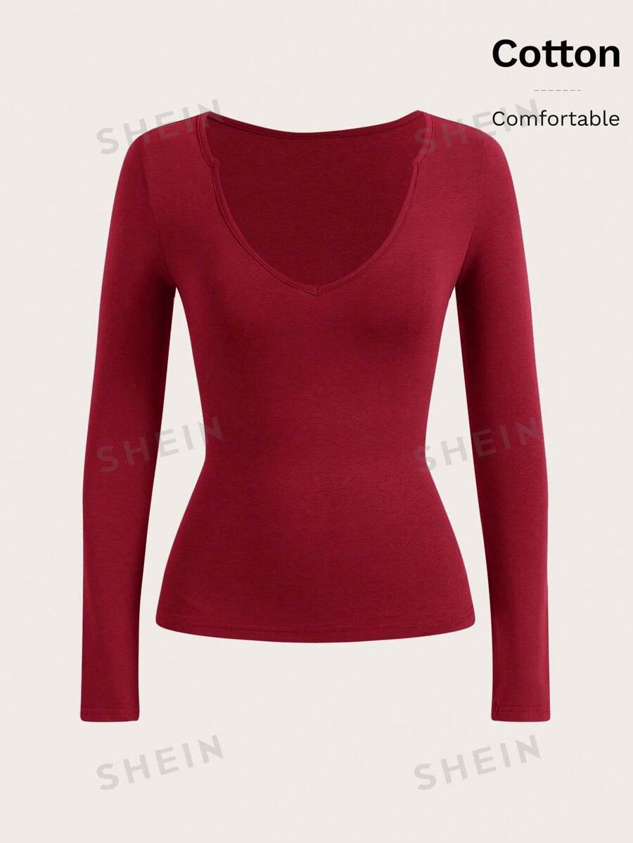 SHEIN BASICS Camiseta De Manga Larga Para Mujer Con Corte Ajustado