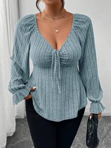 SHEIN Frenchy Plus Size Autumn Casual Long-Sleeved Women's Clothing, Tie On The Chest, Soft And Comfortable Fabric, Beautiful T-Shirt For Home And Outing ,Solid Color Heart-Shaped Collar Ruffle Hem Long Sleeve T-Shirt - Blue - View 4