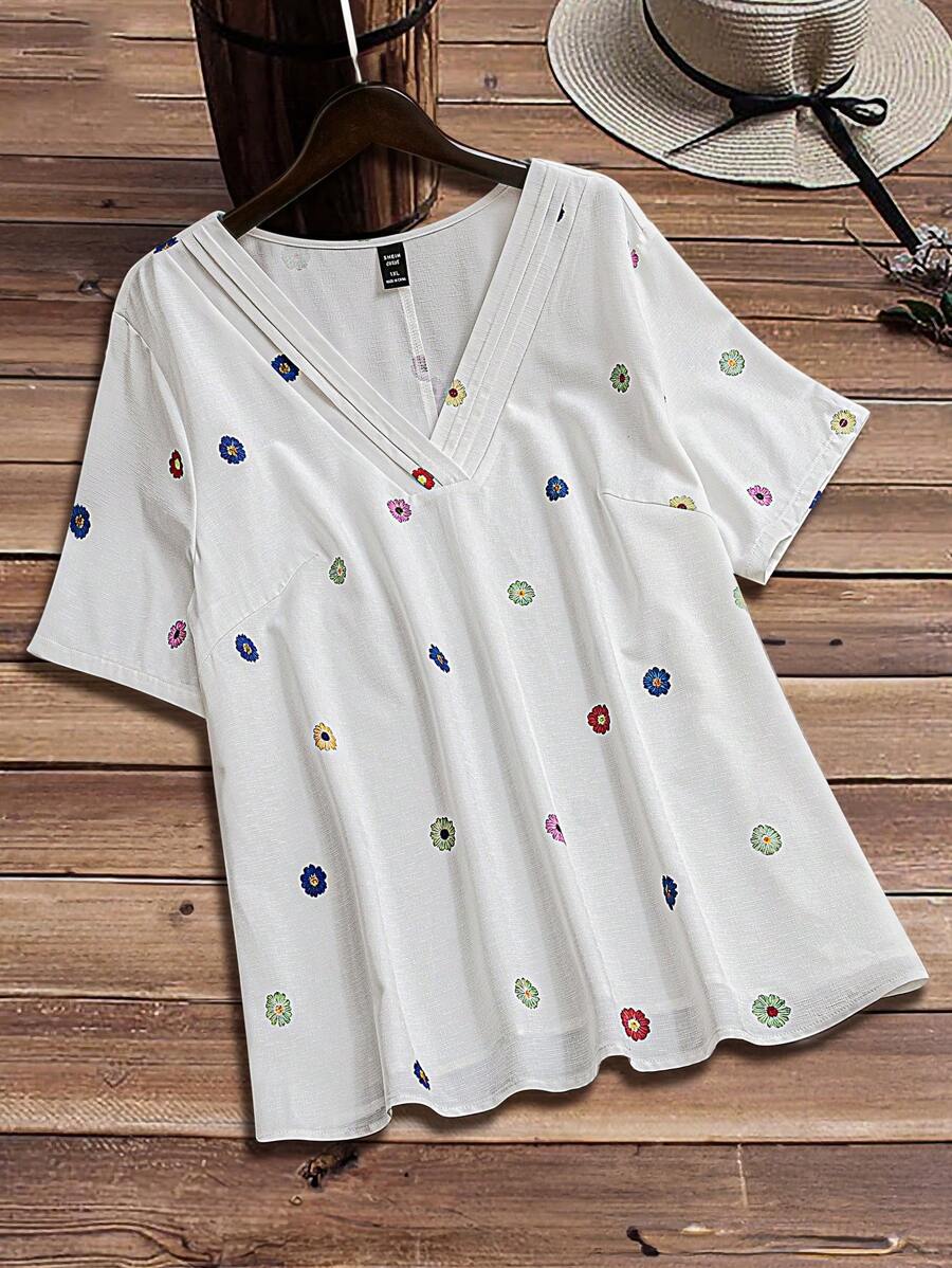 SHEIN LUNE Camisa informal de manga corta con estampado de colocación para talla grande, ideal para el ocio y las vacaciones de verano