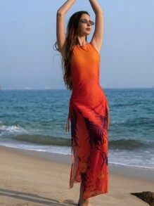 SHEIN Swim Damska narzutka z nadrukiem liści ombre maxi z rozcięciem z boku i sznurkiem, regulowana na plażę i wakacje