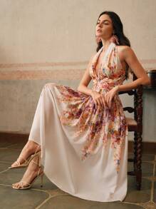 Anewsta Vestido de mujer con elegante escote pronunciado, ajustado, de tirantes, con estampado floral, sin mangas, de vuelo, para el verano