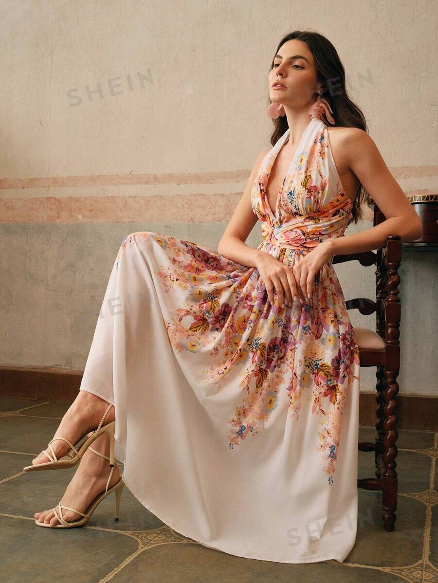 Anewsta Vestido de mujer con elegante escote pronunciado, ajustado, de tirantes, con estampado floral, sin mangas, de vuelo, para el verano