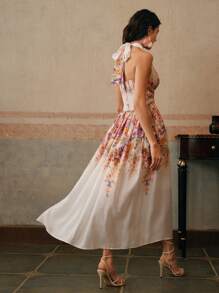 Anewsta Vestido de mujer con elegante escote pronunciado, ajustado, de tirantes, con estampado floral, sin mangas, de vuelo, para el verano