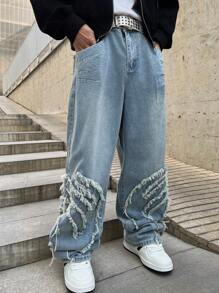 Manfinity EMRG Jeans casuales de pierna ancha con bolsillo remendado y deshilachado para hombres