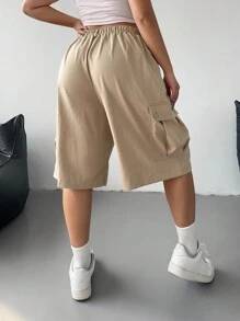 POPSWAY Plus Size Solid Color Casual Minimalist Versatile Sport Wide Loose Academic Flared Zipper Drawstring Cargo Pocket Shorts, Spring/Summer