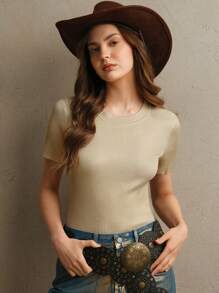 Anewsta Crew Neck Metallic Foil Short Sleeve Casual Knit Top, Suitable For Summer
