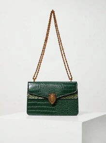 Crocodile Patterned Women Small Square Bag With Chain, Retro Fashion Versatile Shoulder Crossbody Bag (23*15*9)Cm Winter Gifts - Green - View 1