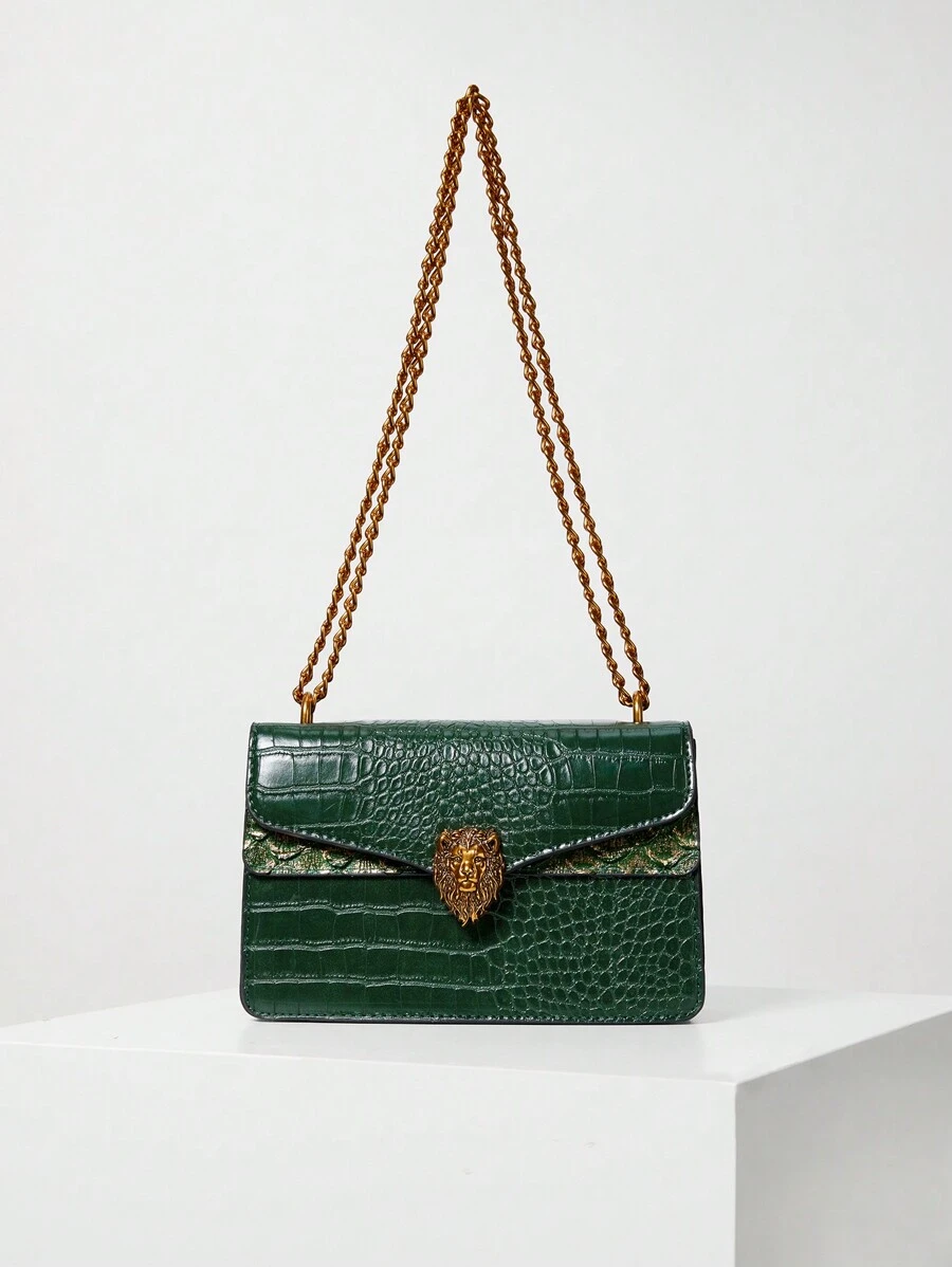 Crocodile Patterned Women Small Square Bag With Chain, Retro Fashion Versatile Shoulder Crossbody Bag (23*15*9)Cm Winter Gifts - Green - View 1
