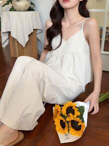 DAZY Women's Casual Solid Color Sling Top With Ruffle Trim,Women Two Piece Sets - Apricot - View 7