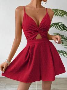 Breezaya Solid Color Twist Cutout Camisole Romper