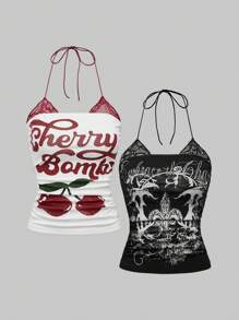 ROMWE Conjunto de 2 piezas: Top halter de estampado vintage de cerezas y contraste floral punk con encaje