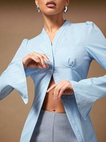 Hauture Summer Women Clothes, Women's Bustier Partial Closure Long Sleeves Blue Shirt With Open Hem, Women Long Sleeve Top, Office Women For Date Night, Concerts, Performances, Parties, Clubs, Evening, Music Festivals, Old Money - Blue - View 5