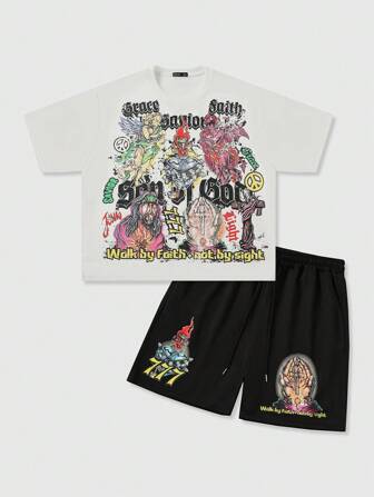 Street Life Set di Maglietta stampate oversize a vita corta da uomo, stile da strada retrò