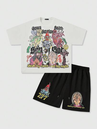 Street Life Men's Vintage Painting Loose Cropped Printed T-Shirt Set, Retro Street Style