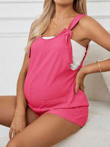 SHEIN Maternity Solid Color Double Pocket Casual Bib Overall Shorts