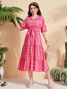 Elegant Vacation V-Neck Short Sleeve Cinched Waist Flared Midi Dress Teen Girl,Holiday,Summer,Travel - Hot Pink - View 4