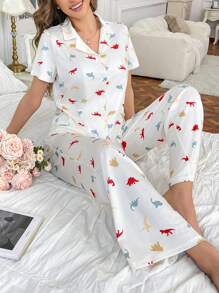 Conjunto de pijama de mujer con estampado de dinosaurio en bloques de color lindo Ins, de manga corta