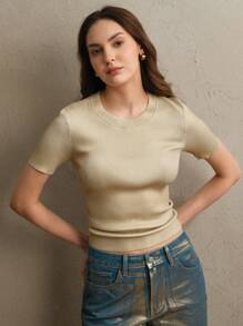 Anewsta Crew Neck Metallic Foil Short Sleeve Casual Knit Top, Suitable For Summer
