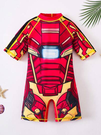 SHEIN 1 Piece Young Boys Boys Casual Sports Swimsuit With Robot Pattern Leggings Kids Outfits Young Boy Clothes Back To School Boys Set Suitable For Outdoor Swimming Kids Bathing Suits Suitable For Spring, Summer