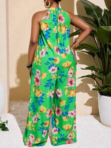 Slaydiva Plus Size Sleeveless Digital Print Green Jumpsuit, Lightweight Summer Resort Wear - Green - View 2