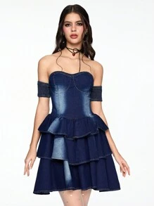 ROMWE Fairycore Women's Sexy Off Shoulder Ruffle Hem Denim Slip Dress