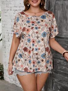 SHEIN VCAY Plus Size Bloemen Allover Print Ronde Hals Korte Mouw Casual T-shirt