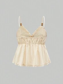 ROMWE Fairycore Retro Casual Vacation Floral Embroidery Beaded Strap Loose Hem Women Tank Top - Beige - View 4