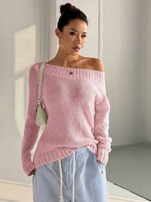 Flirla Women Oblique Shoulder Asymmetrical Neck Dual-Wear Solid Color Long Sleeve Sweater, Autumn/Winter