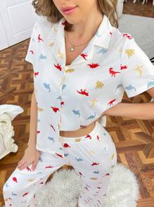 Conjunto de pijama de mujer con estampado de dinosaurio en bloques de color lindo Ins, de manga corta