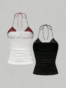 ROMWE Conjunto de 2 piezas: Top halter de estampado vintage de cerezas y contraste floral punk con encaje
