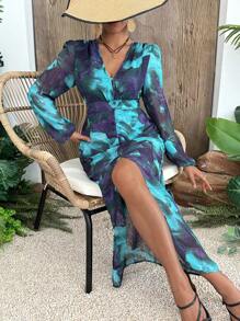 Breezaya Women V-Neck Long Sleeve Floral Print Split Hem Fitted Dress