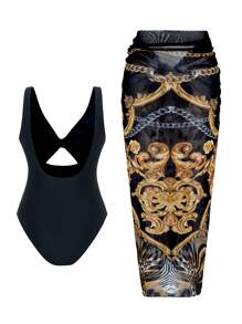 Swim Oasis Women Solid Color One Piece Swimsuit With Printed Tiered Skirt For Summer Beach Vacation - Black - View 7