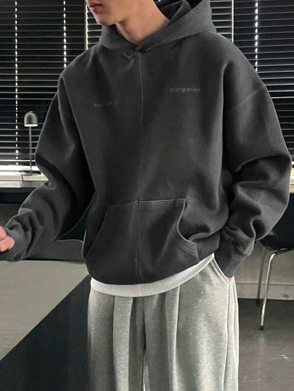 DAZY Sudadera con capucha casual gris para hombre con bordado de letras, otoño e invierno