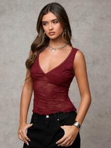 SHEIN BAE 女士性感纯色透视网眼薄纱背心 - 酒紅色 - 查看 7