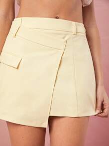 Enchnt 春夏浪漫女士奶油黄口袋不对称设计修身可爱迷你裙，甜美优雅，适合情人节、生日、节日派对、甜蜜约会之夜、日常通勤和办公室穿着 - 黃色 - 查看 3