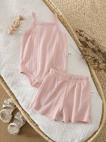 Vintaside Kids 2pcs/Set Baby Girls Summer Romper & Vest Jumpsuit Set. Pure Cotton Jacquard Fabric, Soft & Comfortable, Casual Style Suitable For Autumn/Winter Outdoor, Holiday, Daily Wear