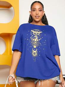 SHEIN CURVE+ Plus Size Round Neck Short Sleeve Printed Simple T-Shirt, Casual Everyday Wear