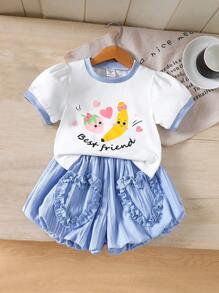 SHEIN Uroczy dziewczęcy zestaw 2 szt.: bluzka z falbaniastymi rękawami i okrągłym dekoltem + spodnie w kształcie latarni, niebieski