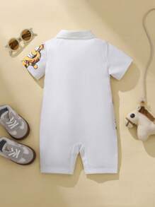 SHEIN Barboteuse à manches courtes, imprimé tigre mignon, col cranté, pour garçons bébés, idéal pour le port quotidien, les activités extérieures, le printemps/l'été