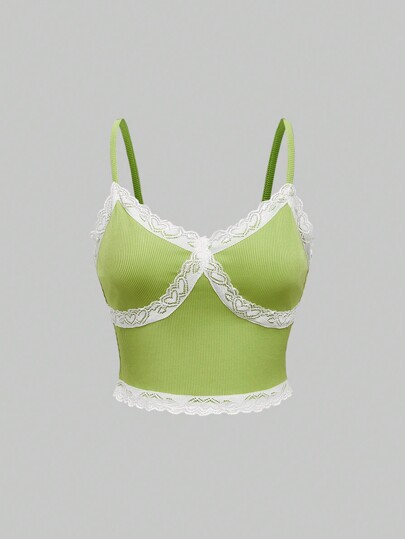 Top camiseta sin mangas con aplicaciones de encaje, estilo lindo y vacacional