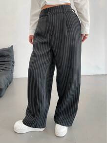 POPSWAY 大码前扣条纹简约直筒休闲裤，日常穿着