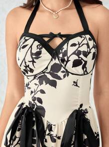 ROMWE Kawaii Retro Palace Style Rose Floral Printed Maxi Neck Dress For Tea Party Outfit