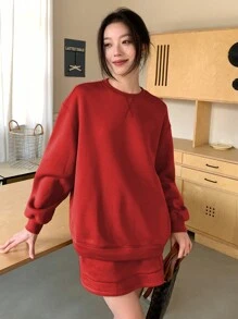 INAWLY Conjunto de 2 piezas para mujer: Top de cuello redondo de manga larga unicolor y falda