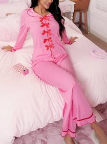 Damen Schleife verzierte Langarmoberteil und Hosen Pyjama Set - Pink - Übersicht 4
