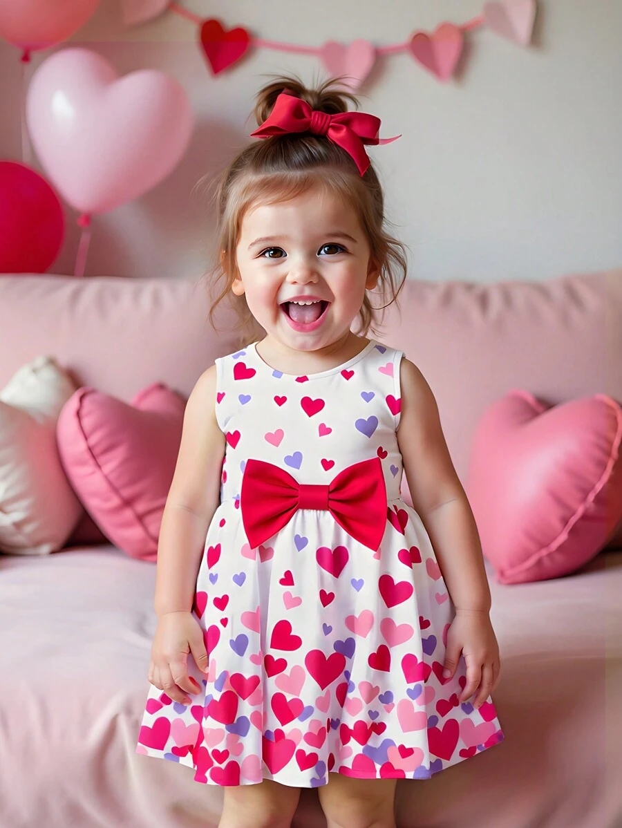 SHEIN 女婴可爱优雅情人节粉色和红色心形图案无袖收腰 A 字形派对连衣裙，适合春夏季